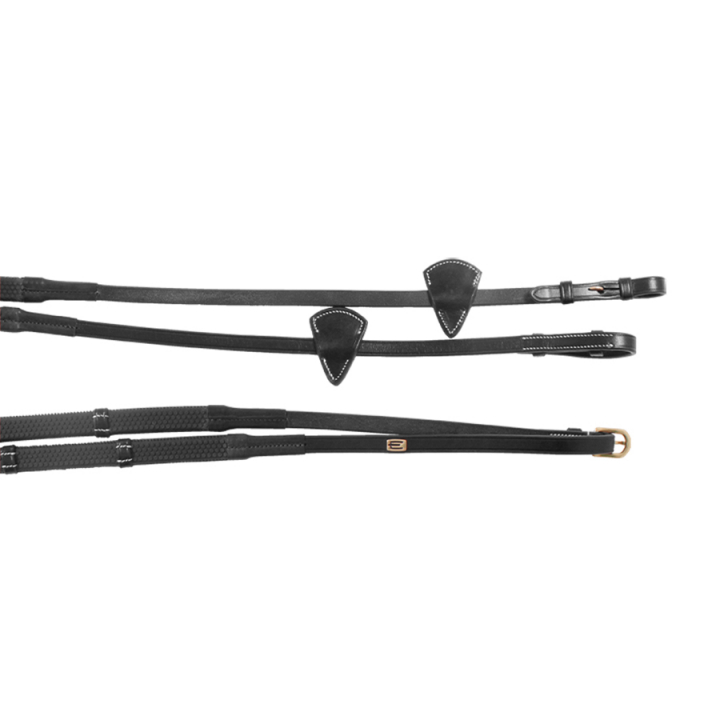 Wodze gumowe E-Logo ze stoperami Czarne/Mosiężne okucia w grupie Sprzęt dla konia / Wodze / Wodze gumowe przy Equinest (623000300203BA)