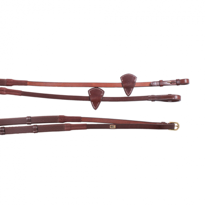 Wodze gumowe E-Logo ze stoperami Brązowe/Mosiężne okucia w grupie Sprzęt dla konia / Wodze / Wodze gumowe przy Equinest (623000300203BR)