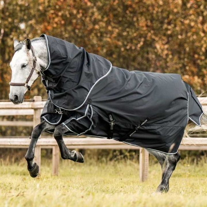 Derka przeciwdeszczowa z kapturem Turnout Plus 0g 1200D Czarna w grupie Derki dla koni / Derki padokowe / Derki przeciwdeszczowe przy Equinest (AS005601115BA_r)