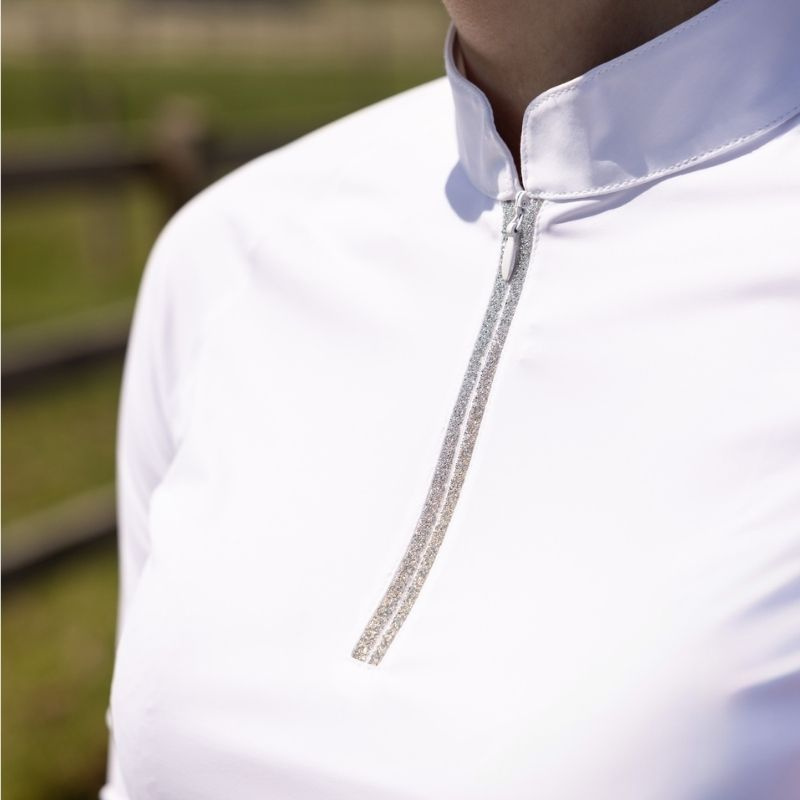 Top konkursowy Classic Glitter Zipper Long Sleeve Biały